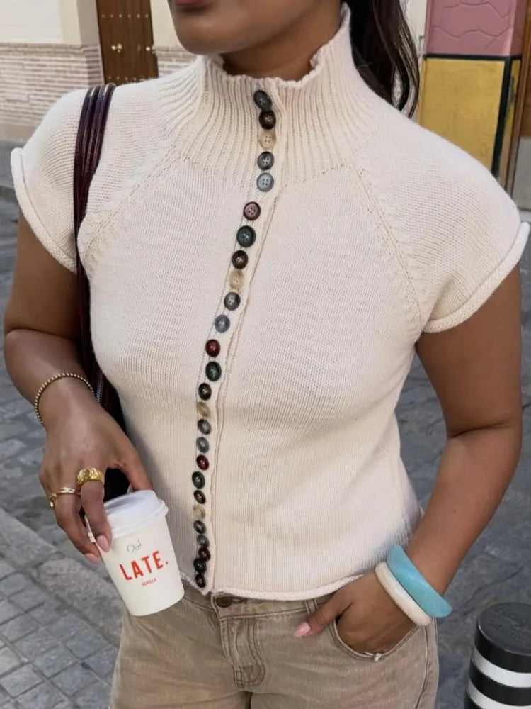 Women Turtleneck Knit Vest Colorful Button Sleeveless Sweater Top Y2K Cropped Knitwear Short Sleeve Cardigan Casual