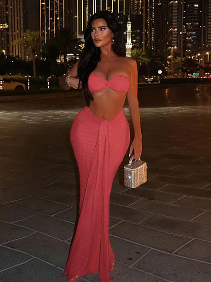 Ruched Elegant 2 Piece Set Women Sexy Off Shoulder Tube Tops+Skinny Ribbon Long Skirts Midnight Prom Party Outfits