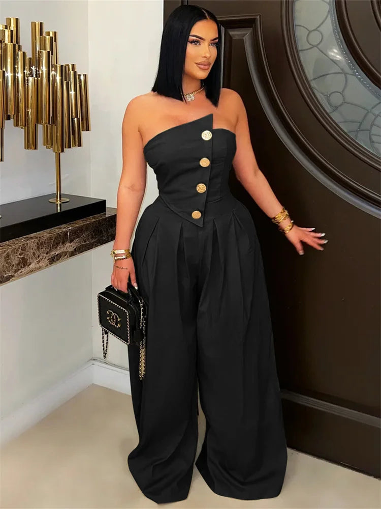 Metal Buttons Patchwork Wide-Leg Jumpsuit Women Summer Trend Strapless Zip Backless Street Fashion Classic Overalls