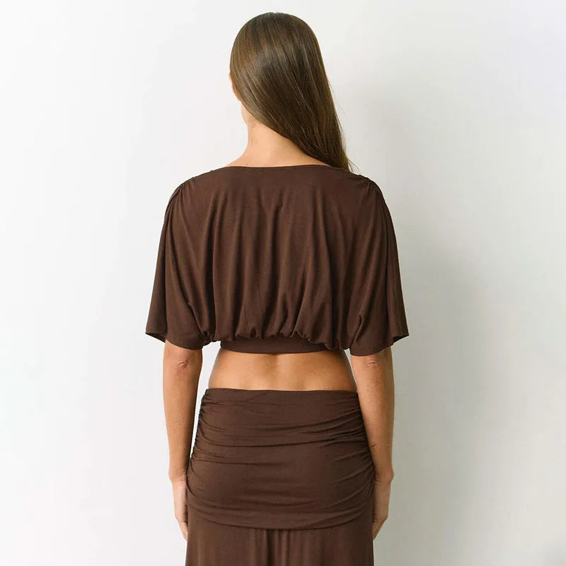Deep V Neck Cross Front Crop Tops for Woman Clothes Summer 2026 Fashion Women T Shirts Blue