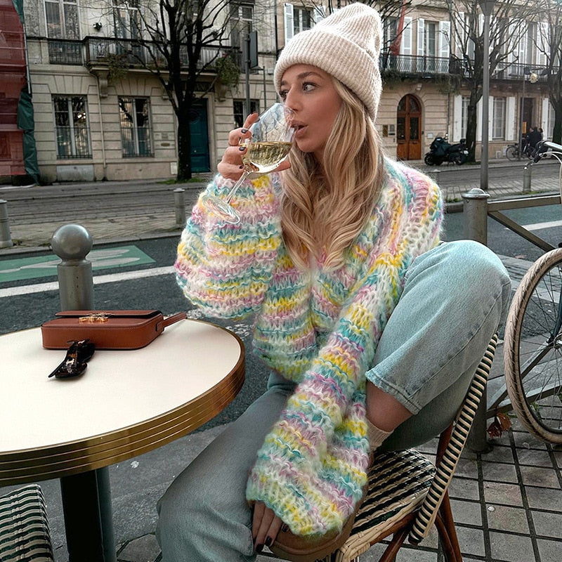 Rainbow Colorful Knit Cardigans Sweaters for Women 2023 Fall Winter Clothes Cutecore Cozy Knitwears Shrugs