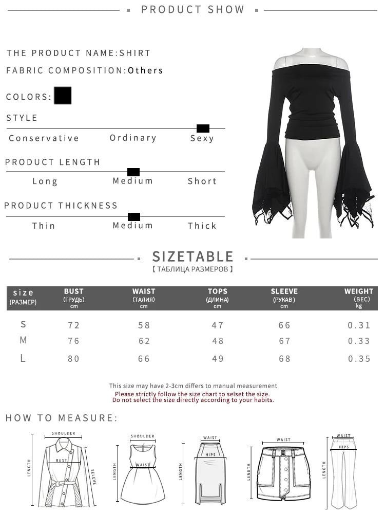 Music Festival 2-Piece Set Women Irregular Long Flare Sleeve Off-Shoulder t-Shirt+Lace Simple Short Sexy Fashion Suit