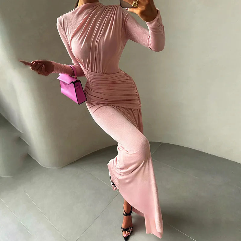 Long Sleeve Pleated Maxi Dress Elegant Woman Clothing Evening Wear Party Dresses Fall Winter