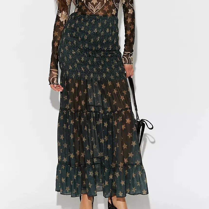 Coquette Star Print Maxi Skirt Women High Waist Smocked Tiered Ruffle Hem Semi Sheer Y2K Aesthetic Casual Streetwear