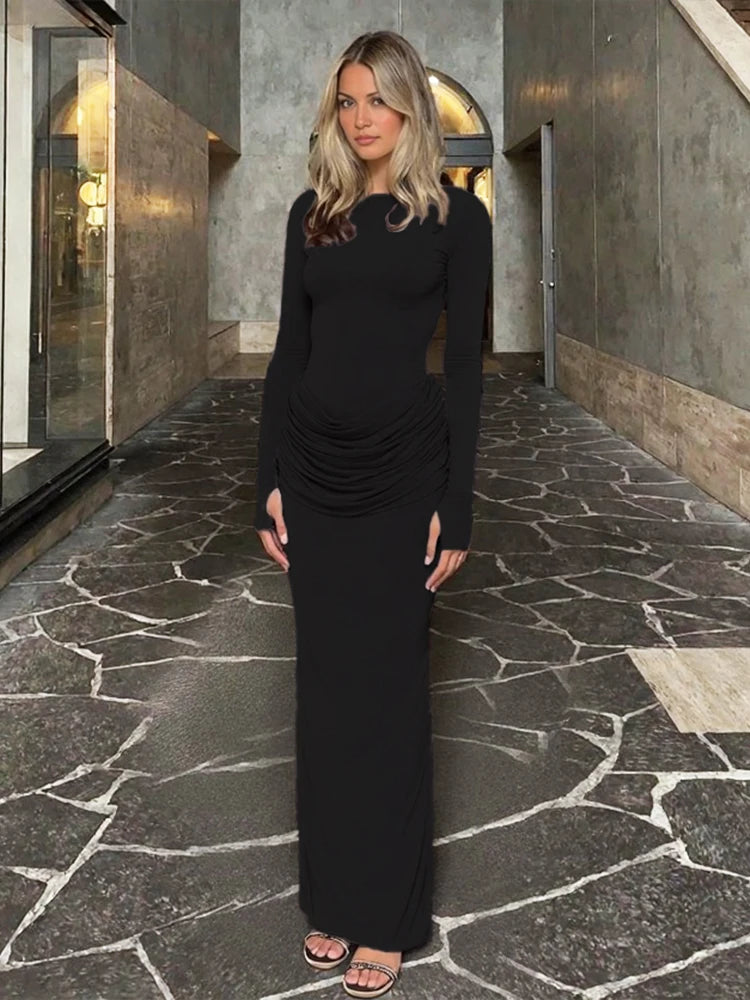 Casual Ruched Elegant Long Dresses Woman Autumn Style Classic o-Neck Full Sleeve Skinny High Waist Robe Basic Vestidos
