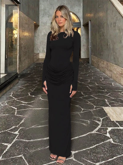 Casual Ruched Elegant Long Dresses Woman Autumn Style Classic o-Neck Full Sleeve Skinny High Waist Robe Basic Vestidos