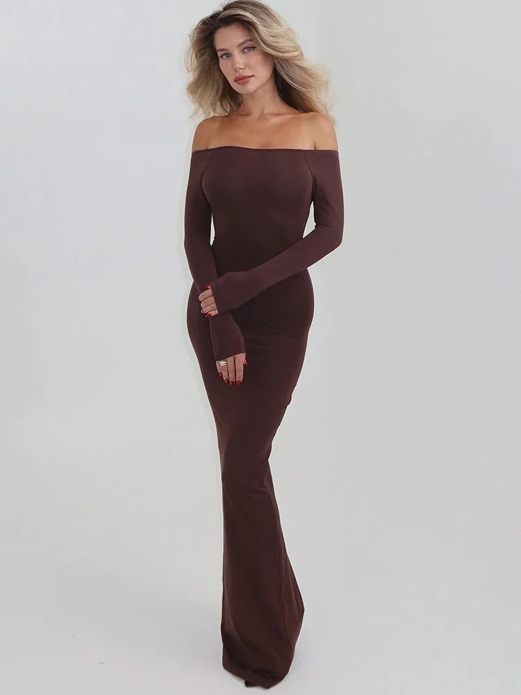 Women Off Shoulder Long Sleeve Sexy Maxi Dress Bodycon Backless Mermaid Dress Elegant Party Club Evening Long Dress