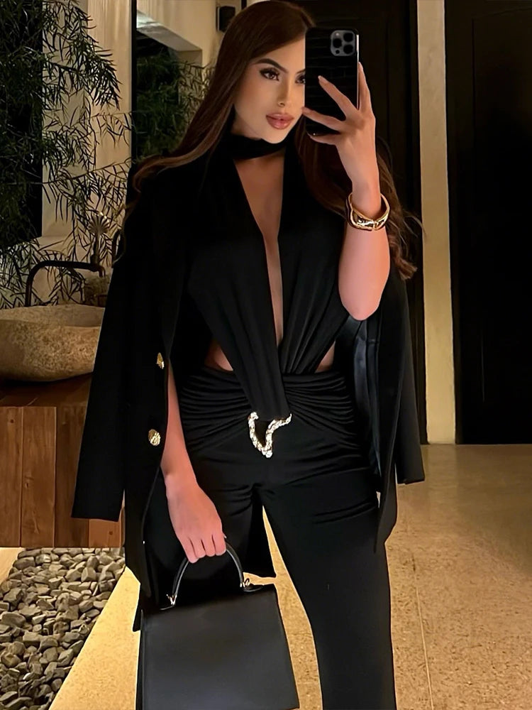 Sexy Waistless Jumpsuit Women Ruched Metal Cross Hollow Bandage Coquette Midnight Workout Hipster Stretch Overalls
