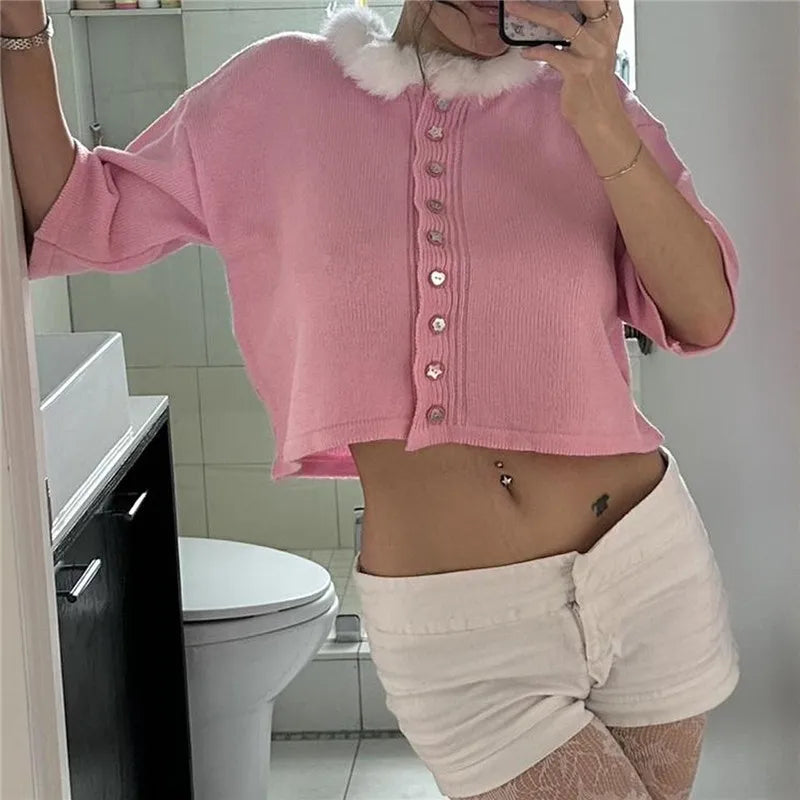Harajuku Kawaii Furry Neck Short Sleeve Knit Crop Top Women Button Cropped Cardigan Pastel Color Soft Knit Street Outfit