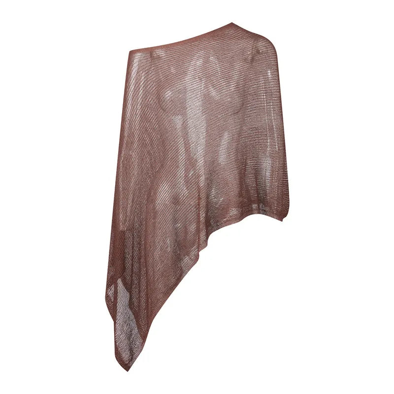 Fashion Women's Sheer Ponchos Off Shoulder Solid Color Asymmetrical Shaw Wrap T-Shirts Oversized Knit Tops