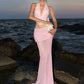 Sexy 2-Piece Set Women Halter Patchwork Fishbone Irregular Hem Deep v-Neck Vest+Folds Mesh Tassel (Long) Skirt Suit