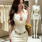 Sexy 2-Piece Set Women Sequin Sun Metal Decoration Tank Tops+Hooded Swing Collar See Through Dress Summer Streetwear