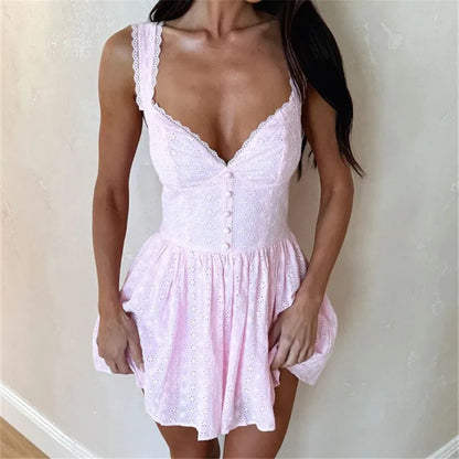 Women's Summer Mini Dress Stylish Solid Lace Trim Flower Embroidered Hollow Details Sleeveless V Neck A Line Dress