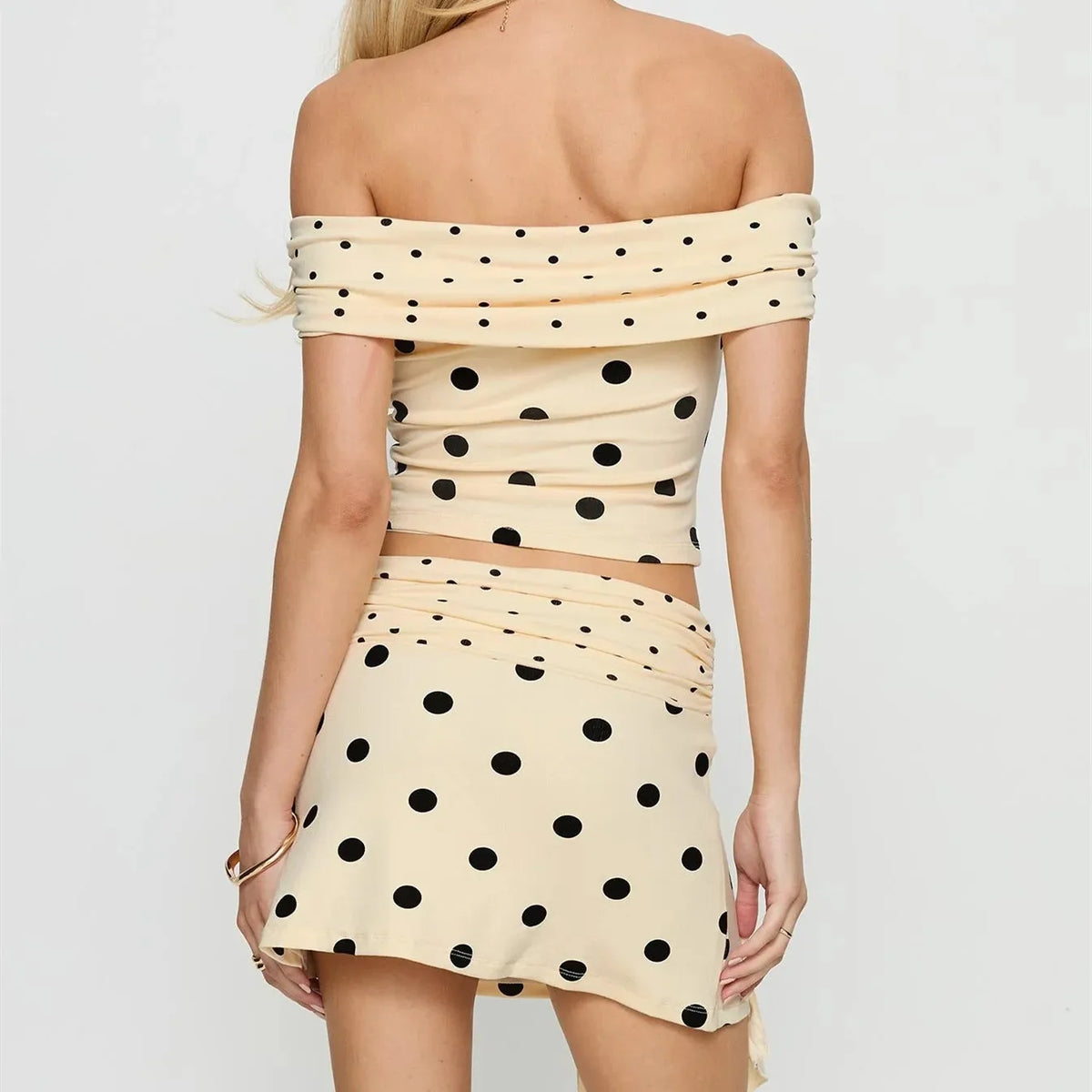Elegant Women’s Two Piece Summer Outfits Fashion Polka Dots Print Off Shoulder Crop Tops and Mini Skirt Set Clubwear