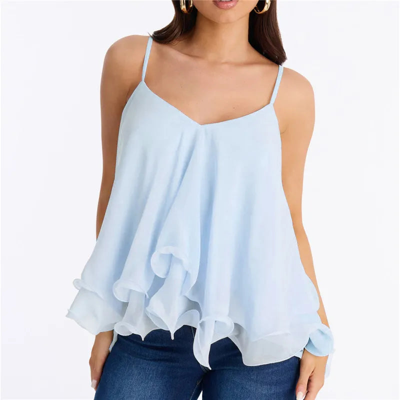 Y2K Fairy Women Chiffon Cami Blouse V Neck Spaghetti Straps Back Bow Tie Ruffle Layered Hem Loose Flowy Party Vest Top