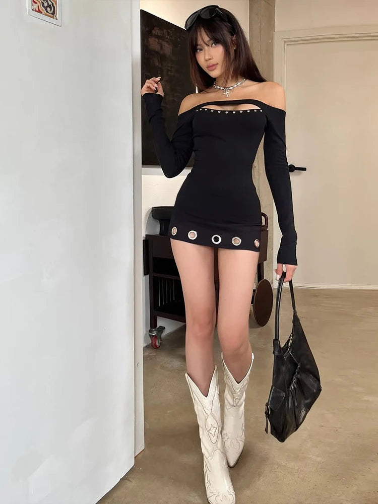 Metal Ring Hollow Dress Women Slash Neck Full Sleeve Slim Stretch Sexy Party Music Festival Skinny Midnight Mini Bodycon