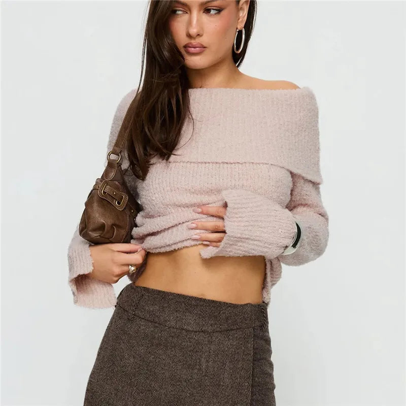 Womens Off The Shoulder Sweater Y2K Oversized Long Sleeve Slouchy Knitted Loose Pullover Sweaters Tops Streetwear