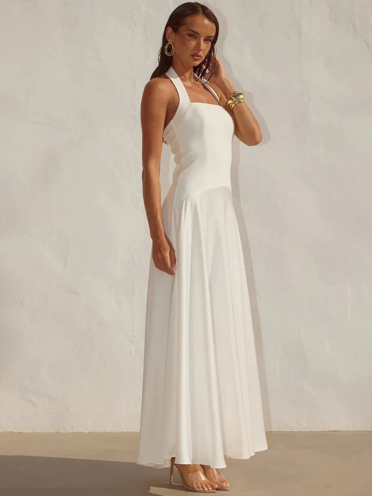 White Halter Backless Sexy Maxi Dress Women Elegant Square Collar Sleeveless Bodycon Club Party Long Dresses Female
