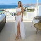 See Through Mesh White 2 Piece Set Crop Top and High Slit Maxi Skirt Sexy Birthday Outfit Woman Matching Sets