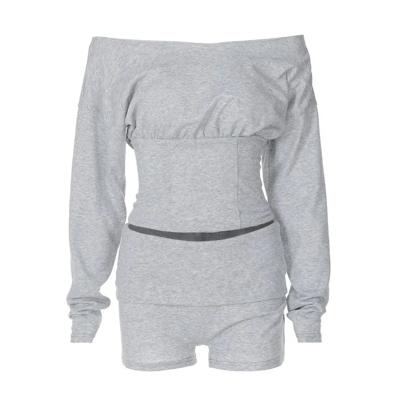 Corset Sweatshirts Woman 2 Piece Set Lace Up Backless Off Shoulder Long Sleeve Top and Shorts Tracksuits Y2k