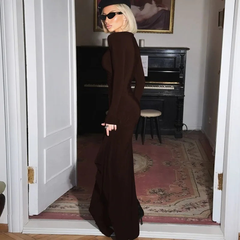 Long Sleeve Draped Mini Dress Solid Color Elegant Sexy Autumn Party Dresses 2025 Woman Clothes