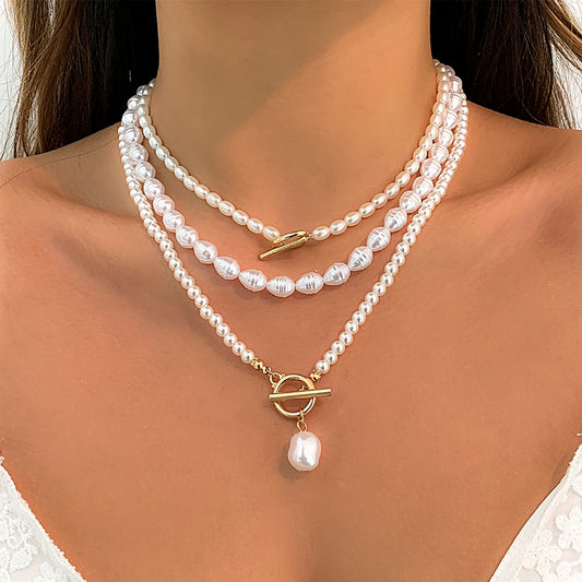 3Pcs/Set Elegant Vintage Imitation-Pearl Love Heart Pendant Necklace for Women Punk OT Buckle Bead Chain Choker Wedding Jewelry
