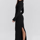 Black Long Sleeve Sexy Maxi Dress For Women Autumn Winter New O Neck Two Pocket Back Split Bodycon Long Dress Elegant