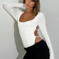 Square Neck Cutout Backless Bodysuits Women Sexy Long Sleeve Tops Black White Tees Trending