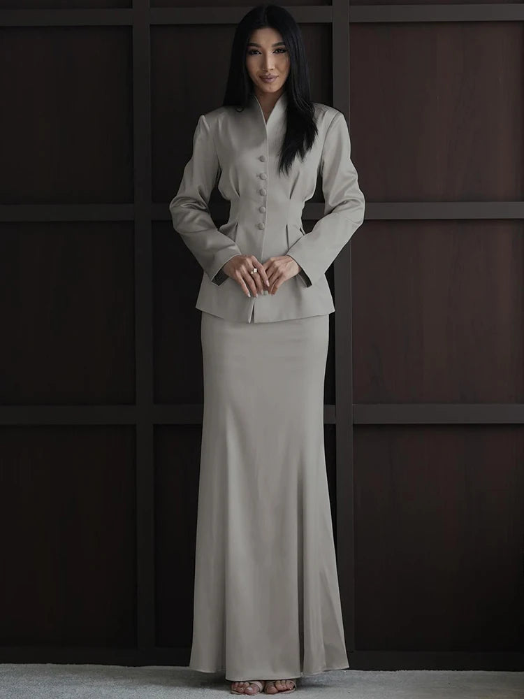 Office 2-Piece Set Women v-Neck Single-Breasted Full Sleeve Folds Hem Coats+Fishtail Skirts Elegant Simple Chic Suits