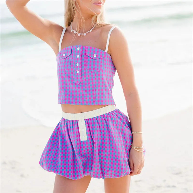 Women Gingham Plaid 2 Piece Outfit Spaghetti Strap Button Front Crop Cami Top Bubble Mini Skirt Summer Beach Vacation