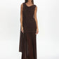 Women Draped Cowl Neck Mesh Maxi Dress Sleeveless Ruched Bodycon Long Dress Side Split Flowy Party Evening Long Dresses