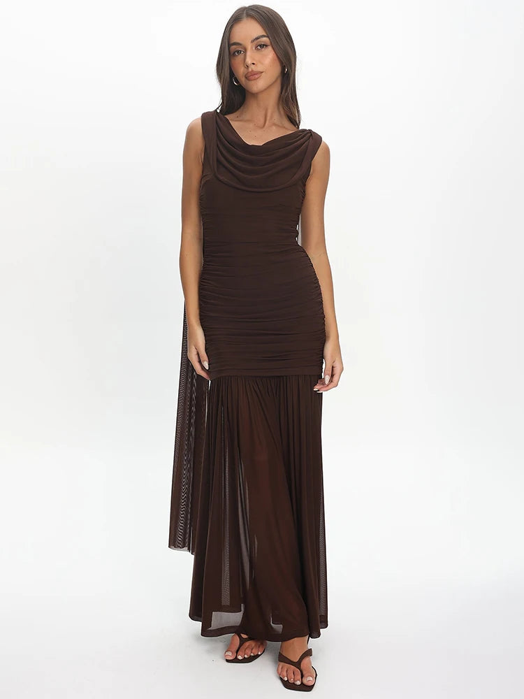 Women Draped Cowl Neck Mesh Maxi Dress Sleeveless Ruched Bodycon Long Dress Side Split Flowy Party Evening Long Dresses