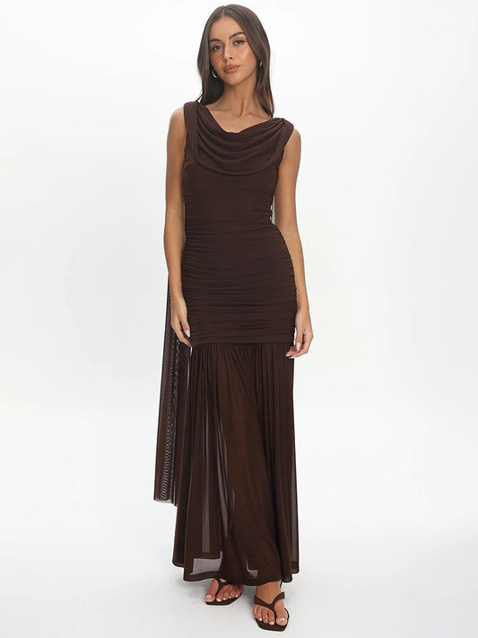 Women Draped Cowl Neck Mesh Maxi Dress Sleeveless Ruched Bodycon Long Dress Side Split Flowy Party Evening Long Dresses