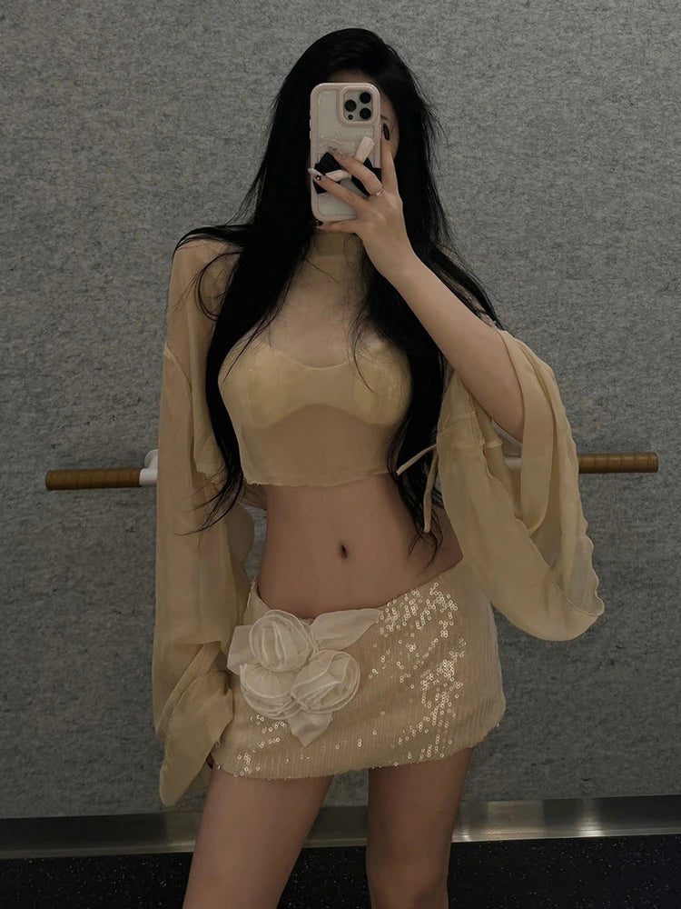 Chic See Through 2 Piece Set Women Y2K Bat Long Sleeve Crop Top+Sequins Applique Skirt Skinny Street Party Sexy Clubwear