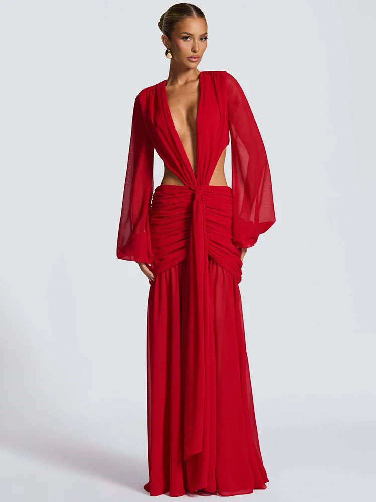 Leopard Print Long Sleeve Sexy Maxi Dress Women Fashion Hollow Out Backless Draped Ruched Bodycon Club Party Long Dress