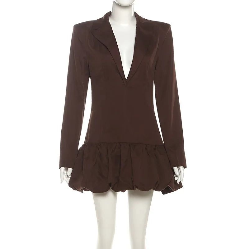 Brown Plunge Puff Hem Blazer Dress Sexy Deep V Neck Long Sleeve Short Dresses for Woman Clothes Fall