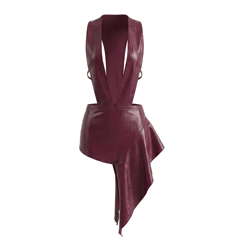 Wild Deep V-Neck Leather Dress Women Trend Bandages Patchwork Irregular Hem Sleeveless Fashion Party Club Bodycon