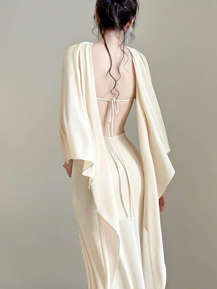 Elegant Basic 2 Piece Set Women Autumn Backless Bandages Skinny Sleeveless Dress+Shawl Birthday Party Fashion Suit