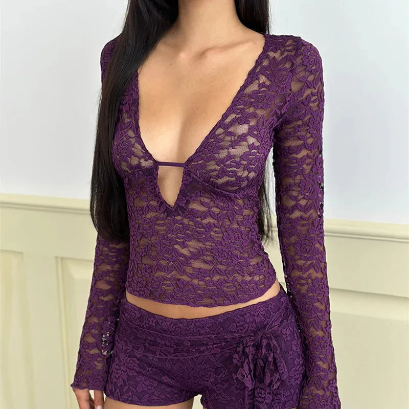 Women's Elegant Lace Long Sleeve Tops Shirt Solid Color Deep V Neck Slim Fit Blouse Tee Y2K Floral Sheer Mesh Shirts