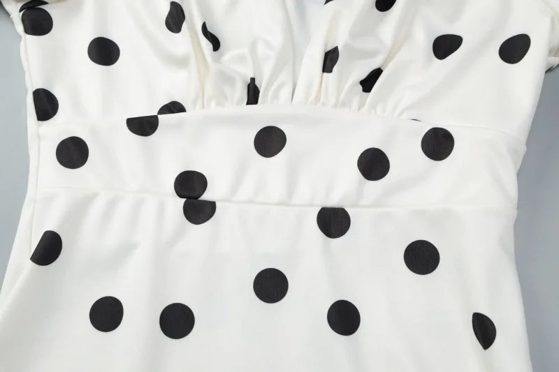 Classic Polka Dot Print White Dress Woman Clothing Sexy Deep V Neck Flare Sleeve Short Dresses Fall