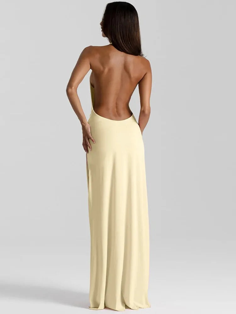 Halter Deep V Neck Backless Sexy Maxi Dress Women Gown Fashion Irregular Sleeveless Thigh High Split Club Party Dresses