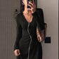 Women Deep V Neck Long Sleeve Sexy Mini Dress Pleated Shoulder Ruched Waist Bodycon Dress Elegant Club Party Dresses