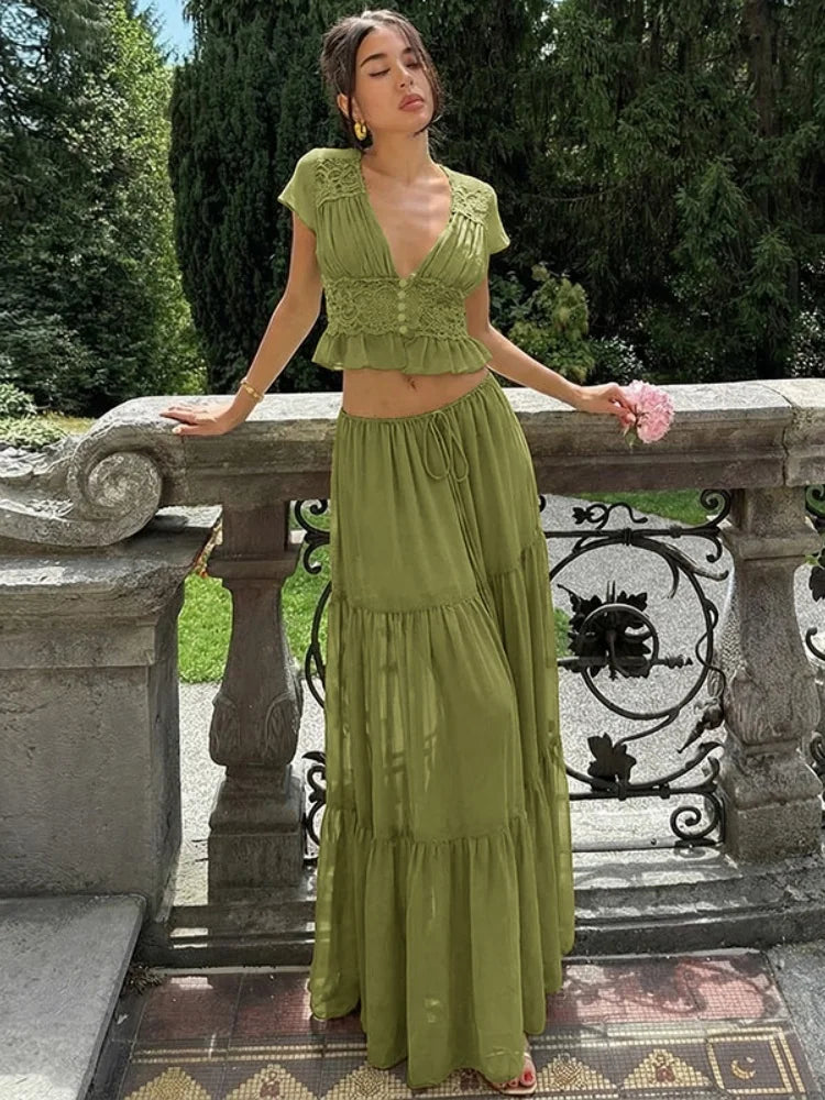 Women's Matching Sets Sexy Lace Chiffon Cardigan Top and Tiered Maxi Skirt 2 Piece Set Vacation Outfits