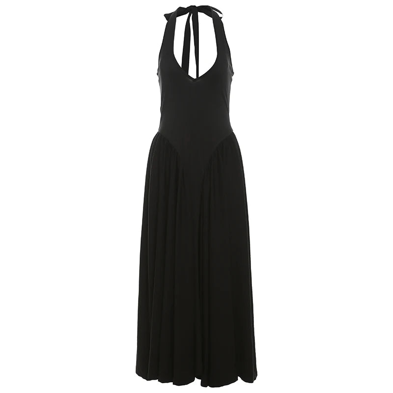 Elegant Backless Dress Women Halter Lace-Up Low-Neck Sleeveless Pleat Hem Birthday Banquet Party Stretch Long Bodycon