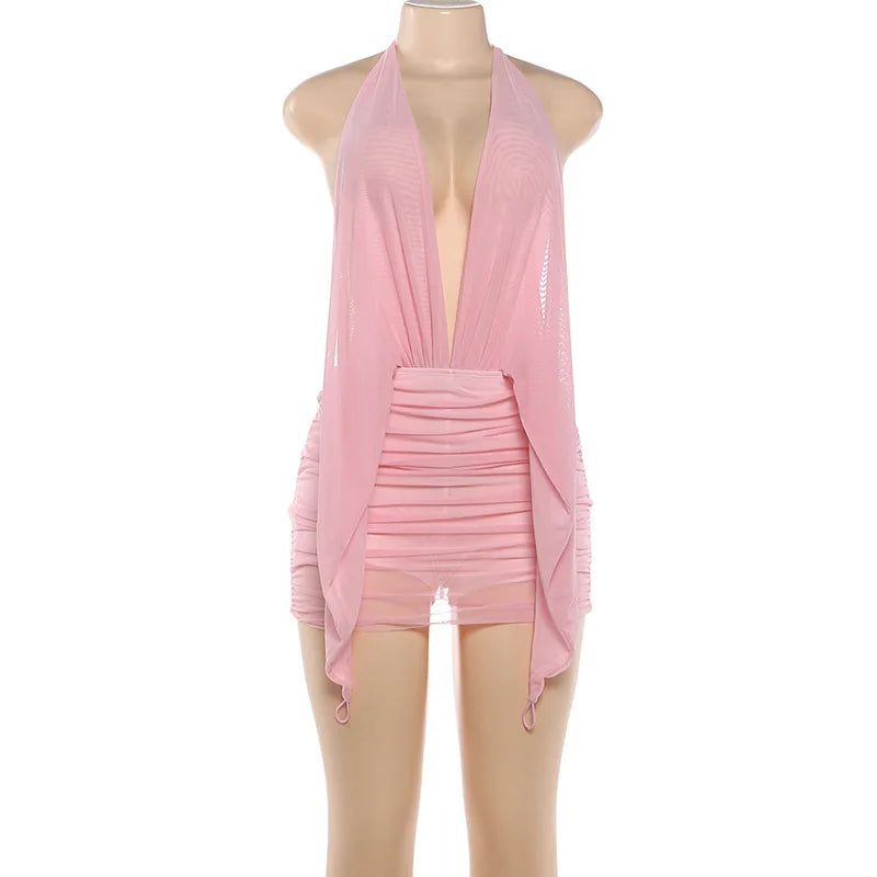Women's Sexy Halter Neck Backless Mini Dress Solid Color Deep V Mesh Ruched Bodycon Dress Summer Beach Party Clubwear