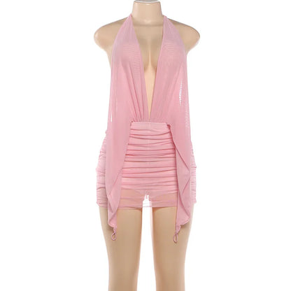 Women's Sexy Halter Neck Backless Mini Dress Solid Color Deep V Mesh Ruched Bodycon Dress Summer Beach Party Clubwear