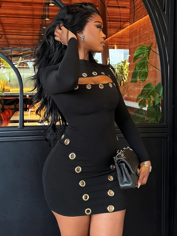 Hollow Hipster Slim Women Dress Metal Hole Y2K Sexy Full Sleeve Tight Fall Midnight Clubwear Party Stretch Mini Bodycon