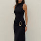 Turtleneck Sleeveless Sexy Maxi Dress Women Gown Elegant Black Metal Buckle Ruched Bodycon Club Party Long Dresses