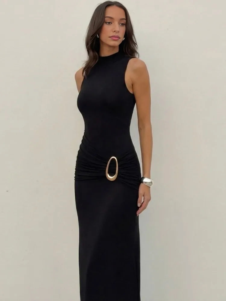 Turtleneck Sleeveless Sexy Maxi Dress Women Gown Elegant Black Metal Buckle Ruched Bodycon Club Party Long Dresses