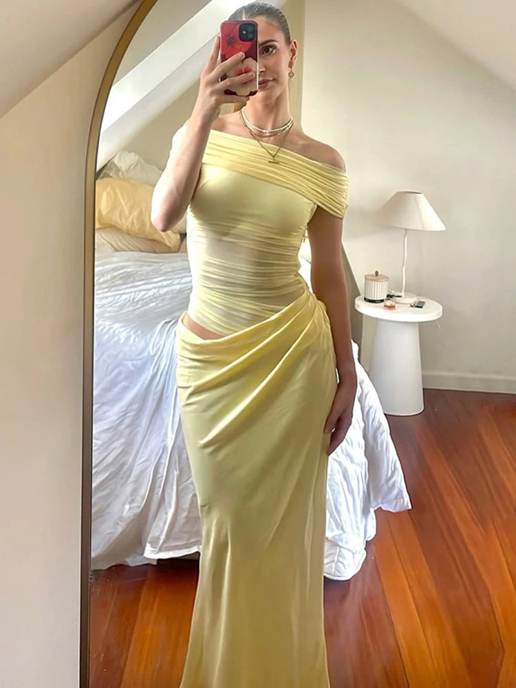 Ruched Irregular Dress Women Mesh Patchwork Slash Neck Short Sleeve Skinny Stretch Trend Elegant Long Bodycon Outfits